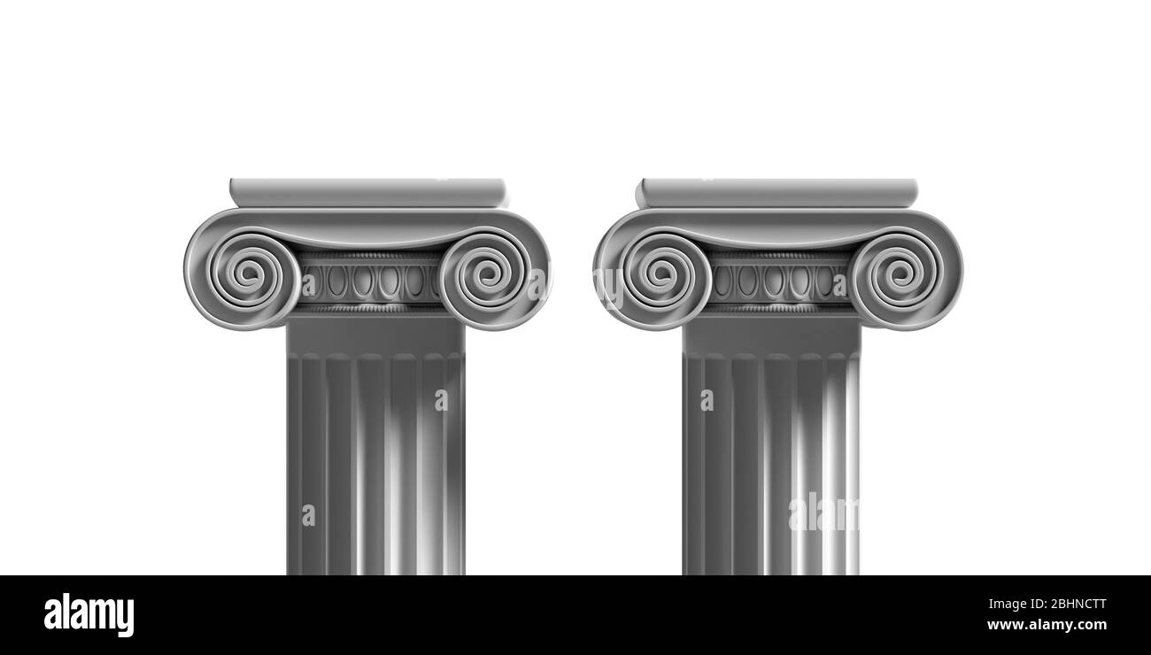Säulen Sockel, antike griechische weiße Farbe Stein Marmor, zwei ionische Stil Säulenteil isoliert vor weißem Hintergrund, Präsentation ad Vorlage. 3d Stockfoto