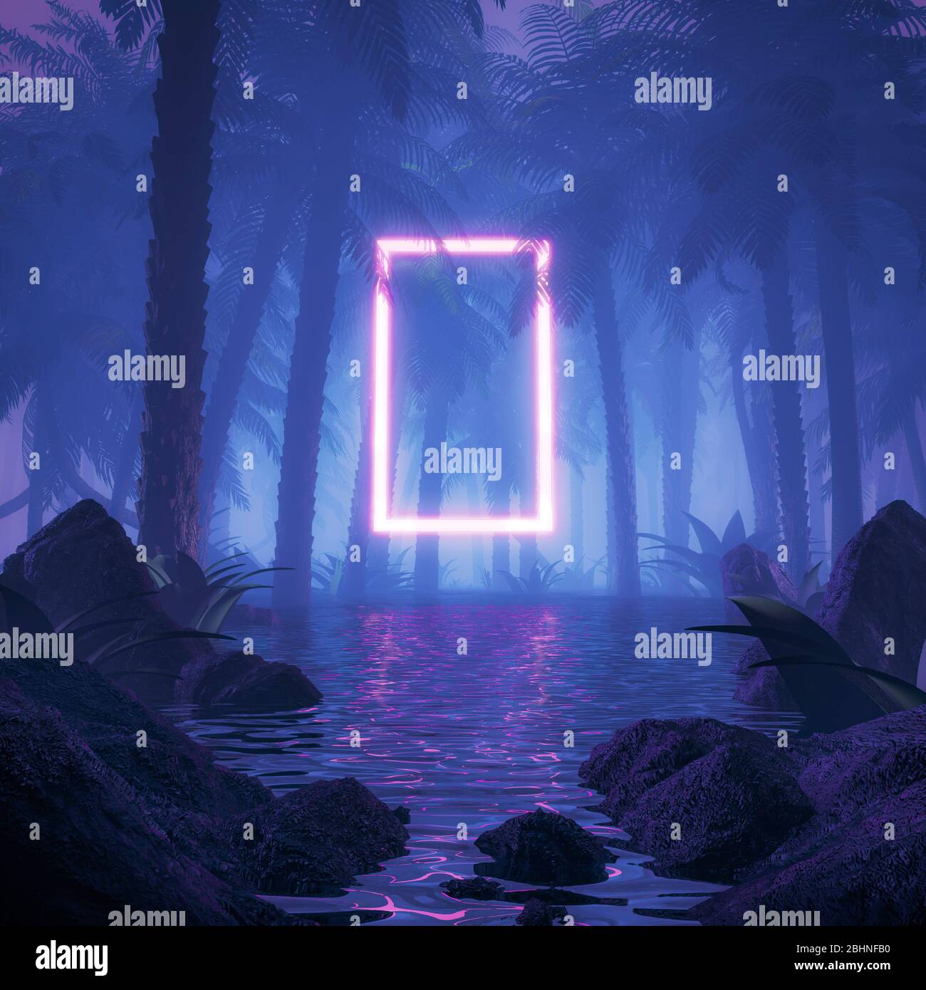 Neon Dschungel Portal / 3D-Illustration von surreal glühenden rechteckigen Portal schweben in wässrigen tropischen Wald Stockfoto