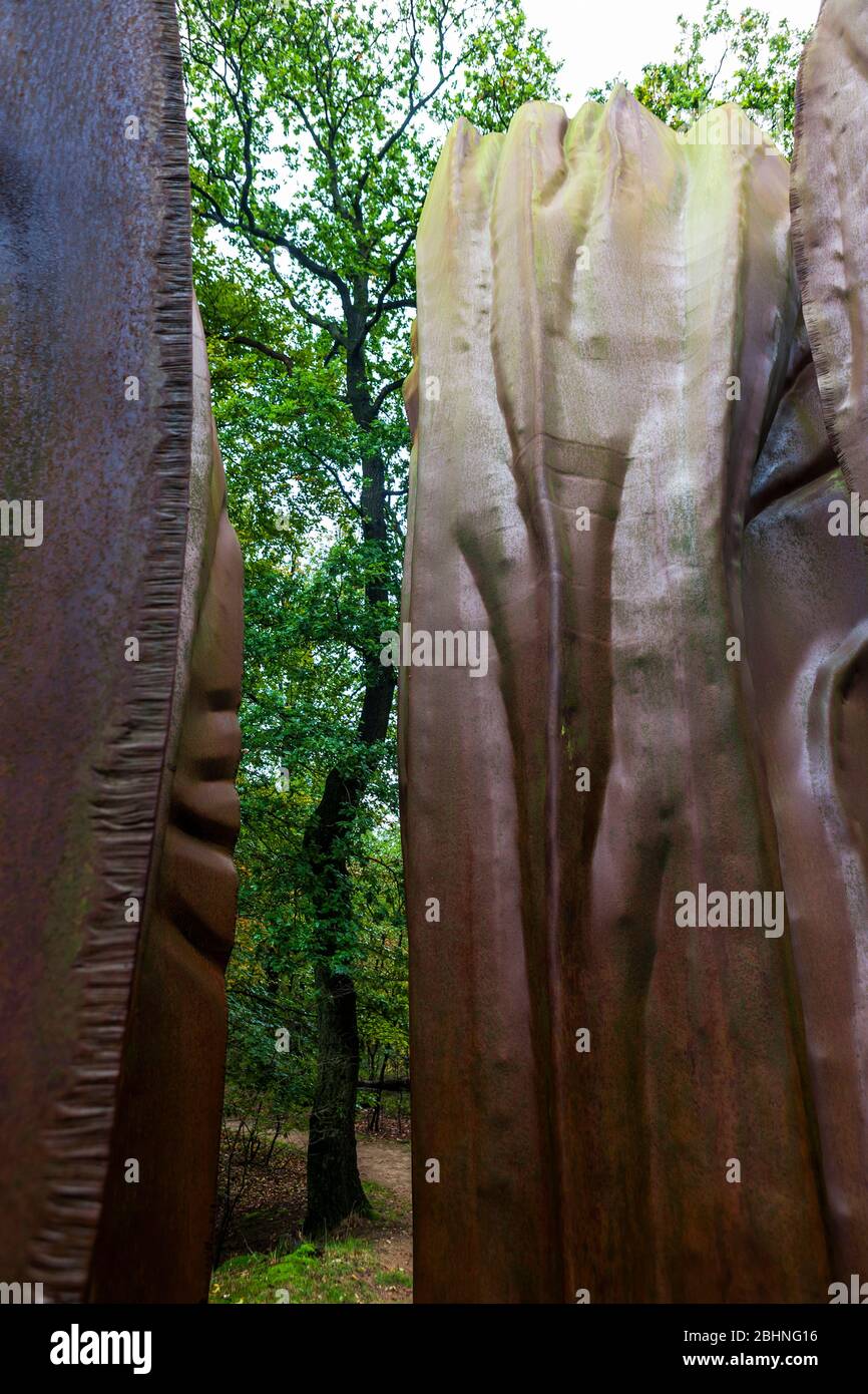 'View', 2001, (Cor-Ten Stahl), von R.W. Van de Wint, Kröller-Müller Skulpturengarten, De Hoge Veluwe Nationalpark, Gelderland, Niederlande Stockfoto