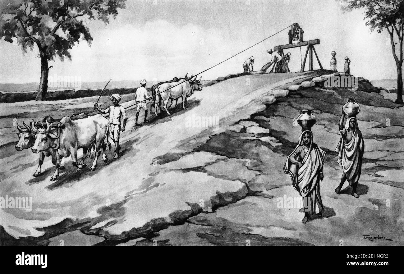 Halbton der Menschen, die Wasser aus einem Brunnen in Indien sammeln. Aus einer Reihe von Schulplakaten für Geschichte und Sozialwissenschaften c 1930 Stockfoto
