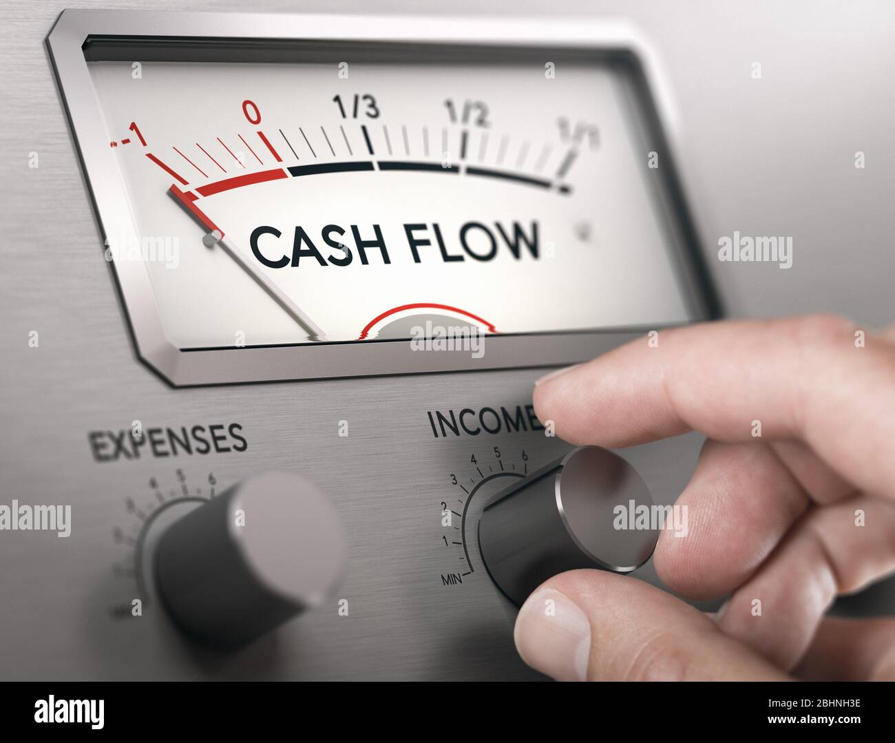 Mann Drehknopf, um Einkommen und Cashflow-Niveau zu erhöhen. Zusammengesetztes Bild zwischen einer Handfotografie und einem 3D-Hintergrund. Stockfoto