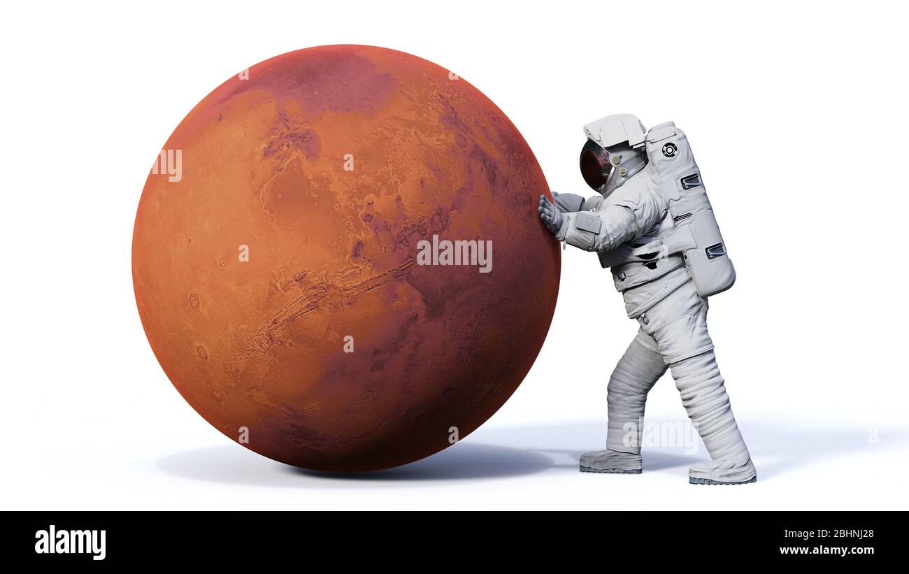 astronaut und Planet Mars, Welt des Sonnensystems Stockfoto