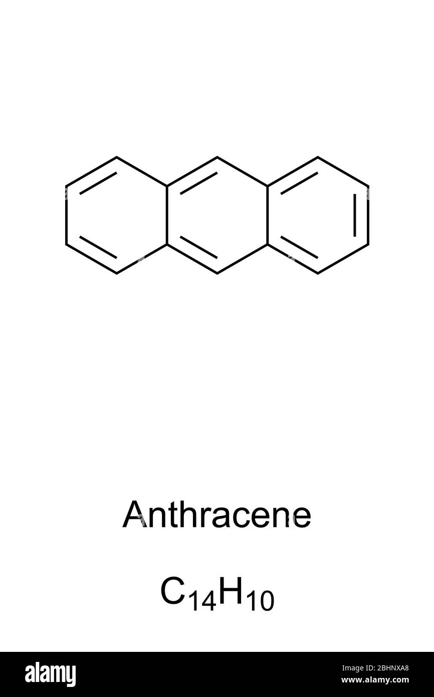 Anthracen Skelettformel und Molekülstruktur. Polyzyklische aromatische Kohlenwasserstoffe, PAH. Ein Bestandteil von Kohlenteer und Tabakrauch. Stockfoto