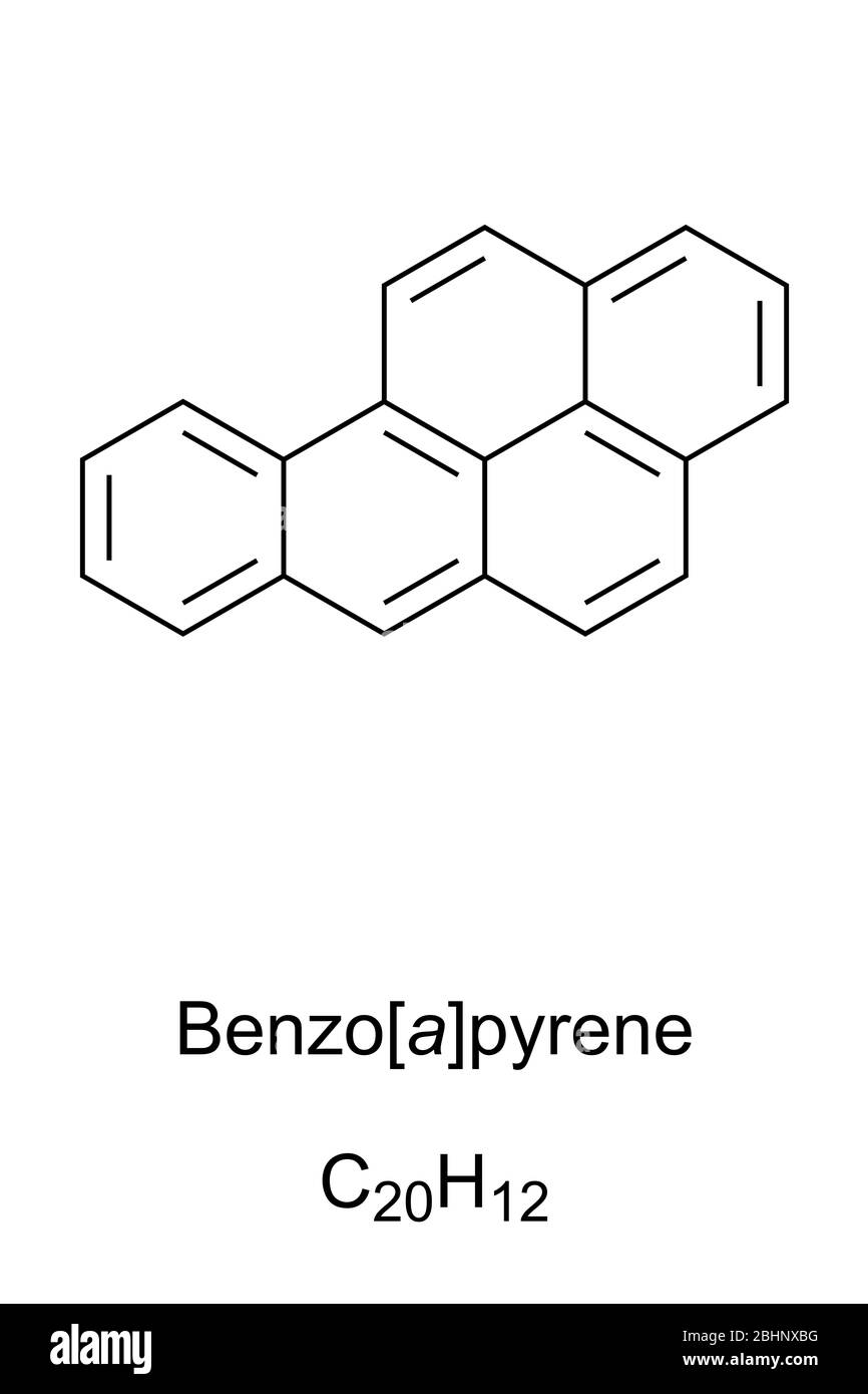 Benzopyren-Skelettformel und Molekülstruktur. Polyzyklische aromatische Kohlenwasserstoffe, PAH. Krebserregend. In Kohlenteer, Tabakrauch und gegrilltem Fleisch. Stockfoto