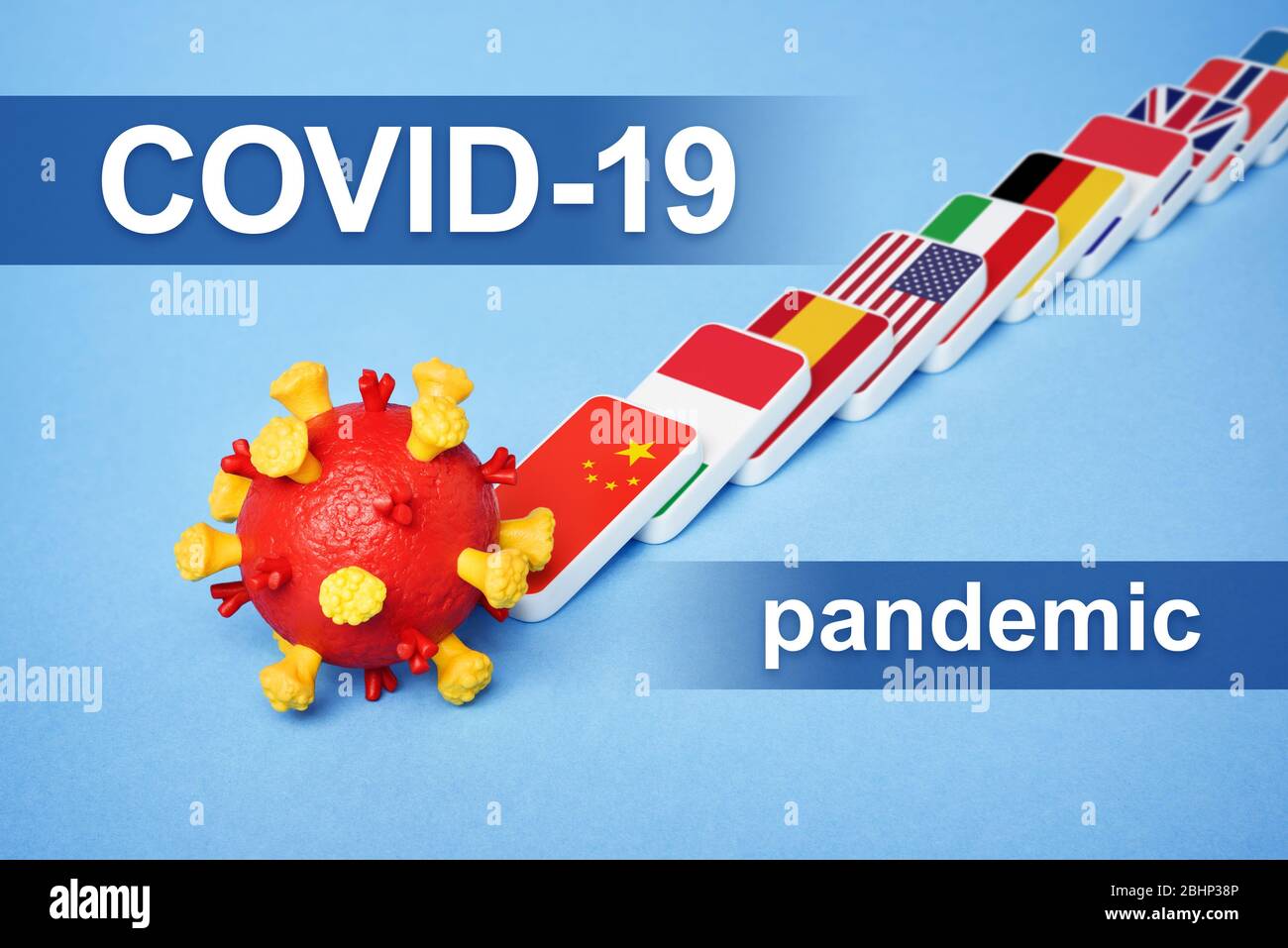 COVID-19 Pandemie. Domino-Effekt ist eine Kettenreaktion von Viren, die sich in der Welt verbreiten. Überlastete Gesundheitssysteme Stockfoto