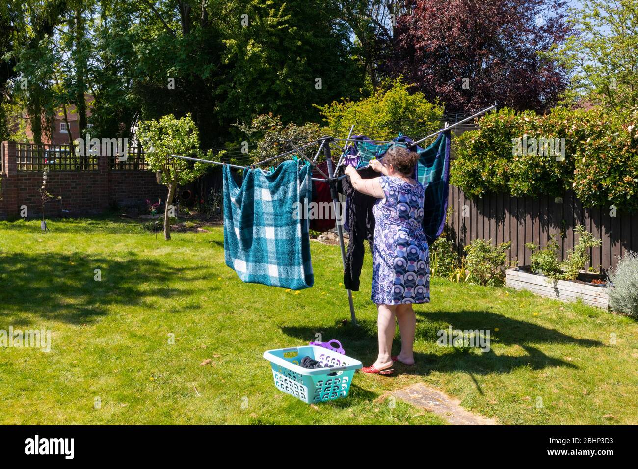 Frau mittleren Alters hängend die Auswaschung auf einem Drehtrockner im Garten im Frühjahr, kent, großbritannien Stockfoto