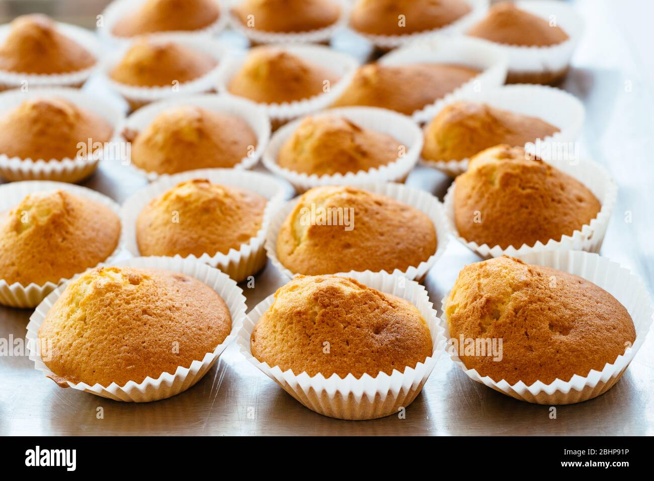 Hausgemachte Muffins auf dem Ofentablett. Leckeres Gebäck zum Nachtisch auf dem Tisch Stockfoto