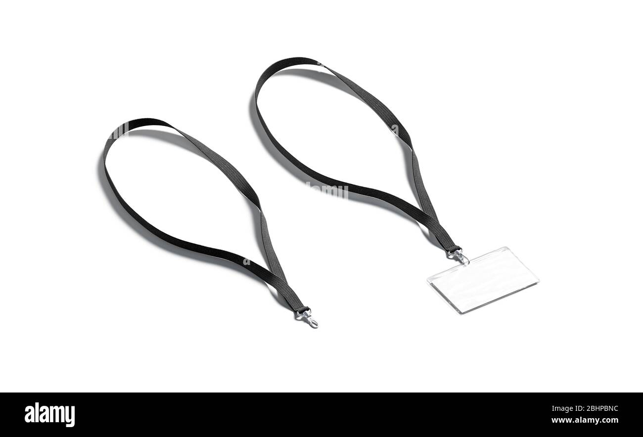 Leeres schwarzes Lanyard mit horizontalem Namensschild-Modell, Seitenansicht Stockfoto