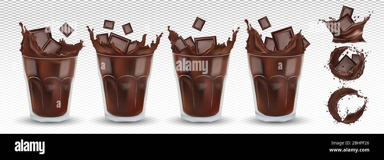 3D realistische Schokolade Splash in das transparente Glas mit Stücken Schokolade. Große Sammlung Kakao oder Kaffee. Spritzt dunkle Schokolade. Heiße Schokolade, Getränke, Cocktails. Symbolsatz. Vektorgrafik. Stock Vektor