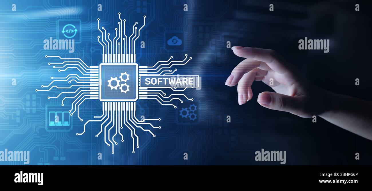Softwareentwicklung und Geschäftsprozessautomatisierung, Internet- und Technologiekonzept auf virtuellem Bildschirm Stockfoto