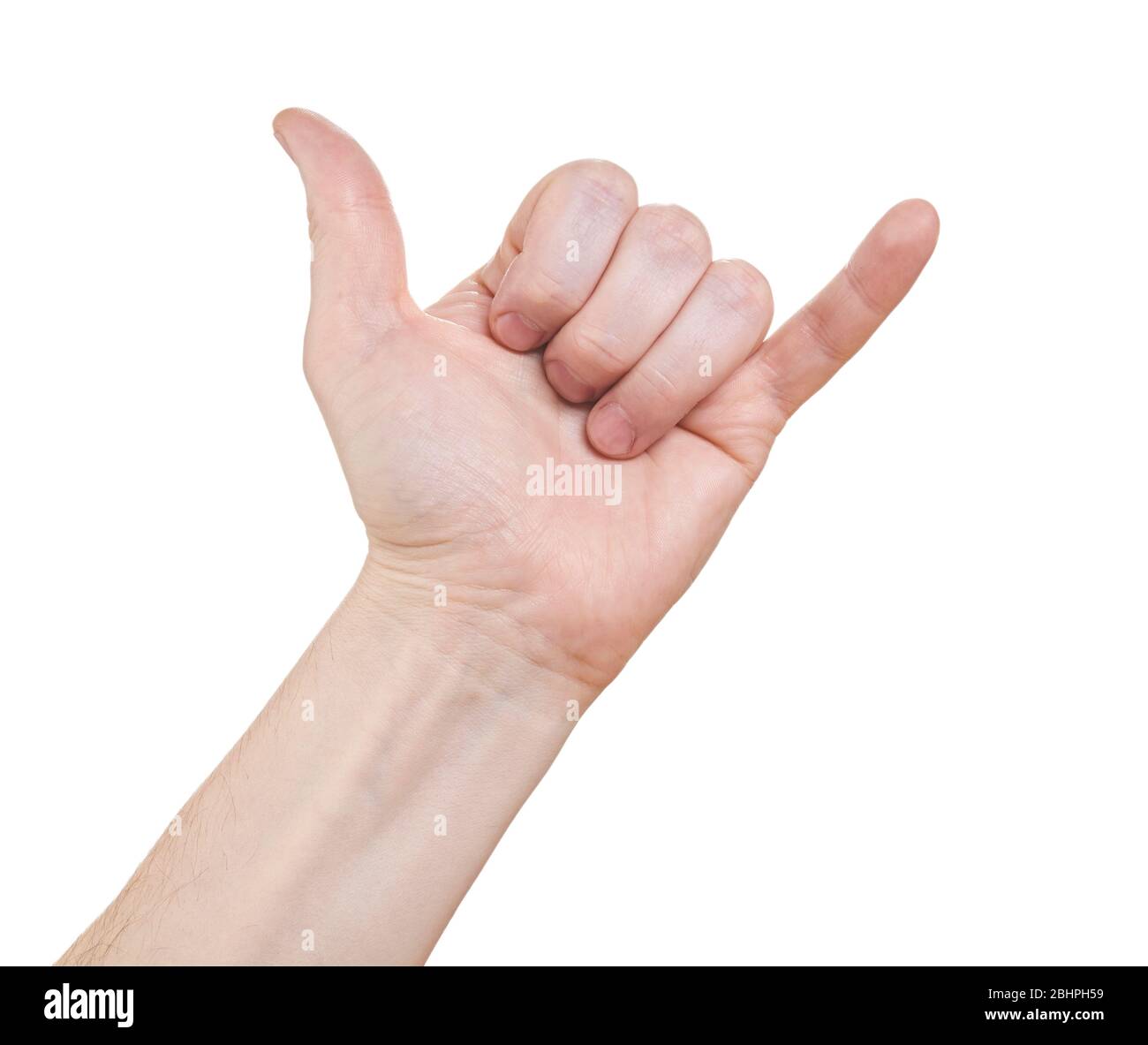 Die Hand des Mannes zeigt ein Schild, um einen Anruf zu tätigen. Isoliert auf weißem Hintergrund. Stockfoto
