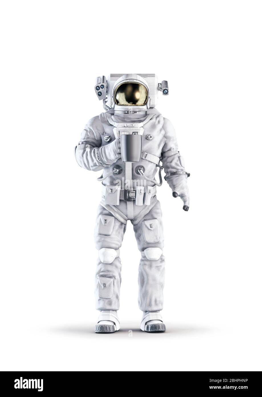 Astronaut mit Kaffee / 3D-Abbildung des Raumanzugs trägt männliche Figur hält Tasse Kaffee isoliert auf weißem Studio-Hintergrund Stockfoto