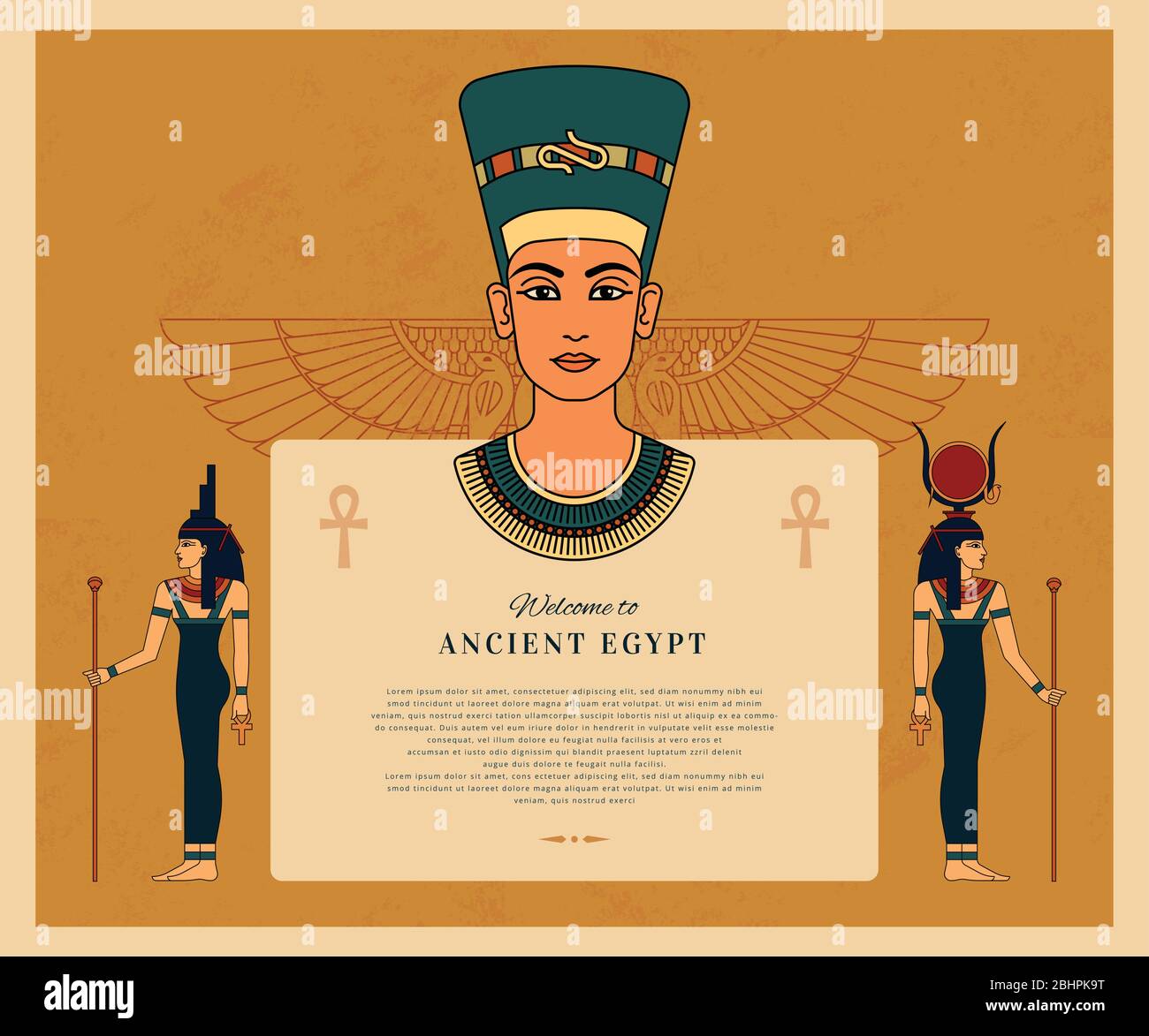 Vorlage mit Platz für den Text und ägyptische Güte Isis, Hathor, Königin Nefertiti und ägyptische geflügelte Sonne. Stock Vektor