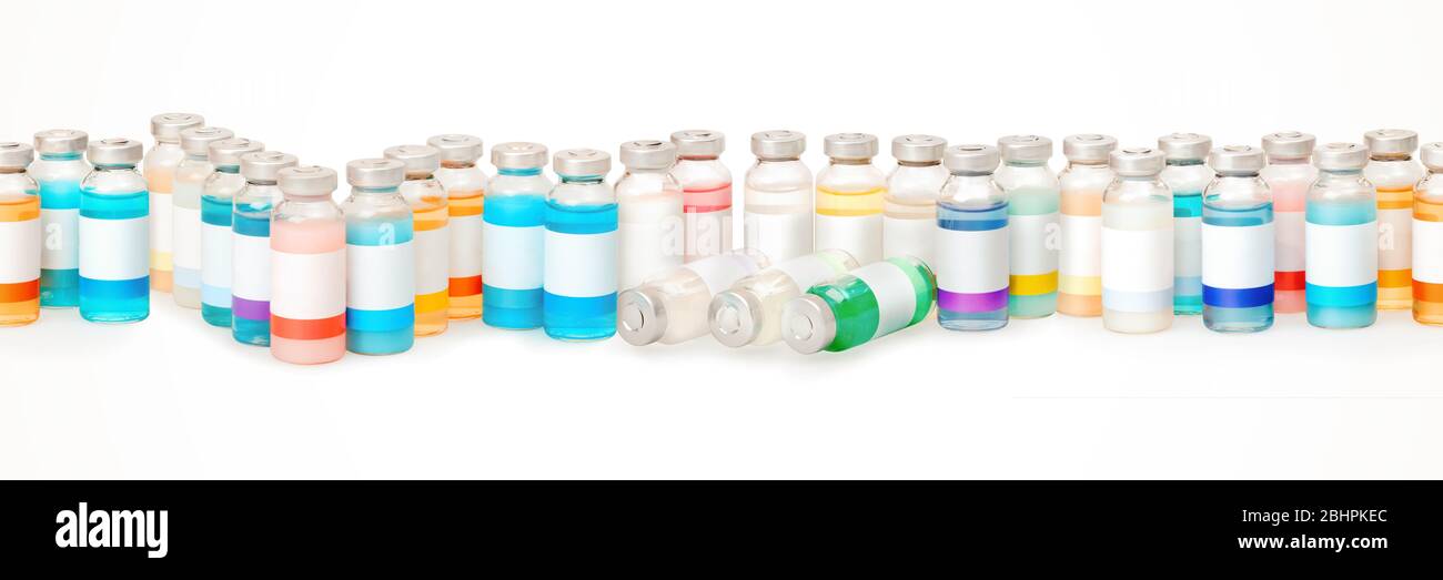 Unendliche nahtlose Reihe der Fläschchen mit farbigen Substanzen mit sauberen Etiketten auf weiß isoliert Stockfoto