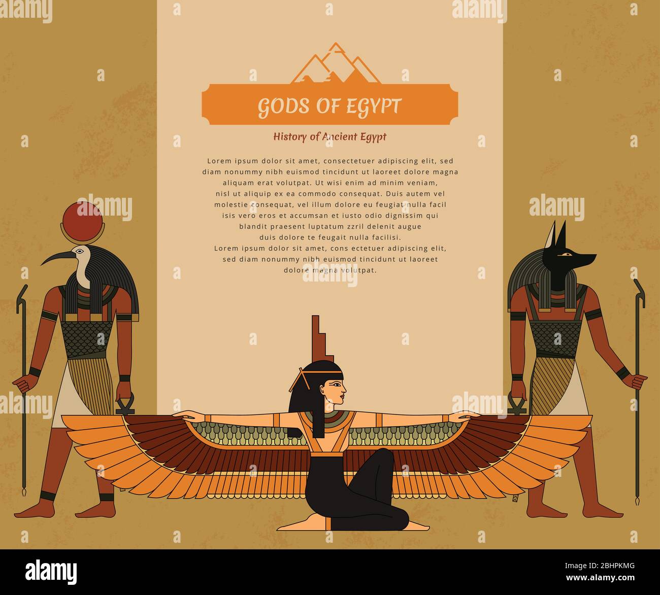 Eine Präsentationsvorlage mit Göttern des alten Ägypten Thoth, Anubis und Isis. Stock Vektor