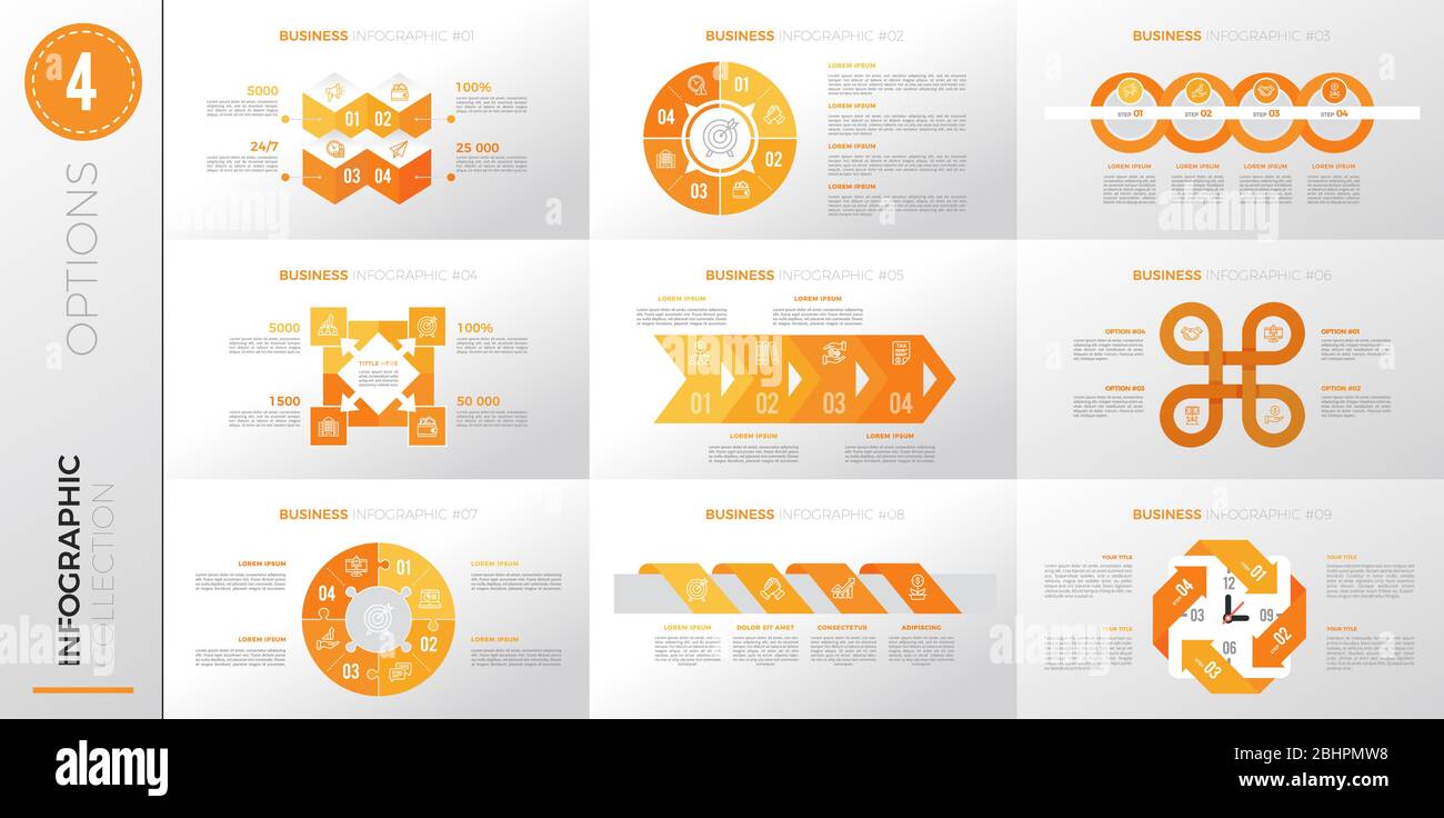 Infografik Business Template mit 4 Optionen. Gelbe Version. Stock Vektor