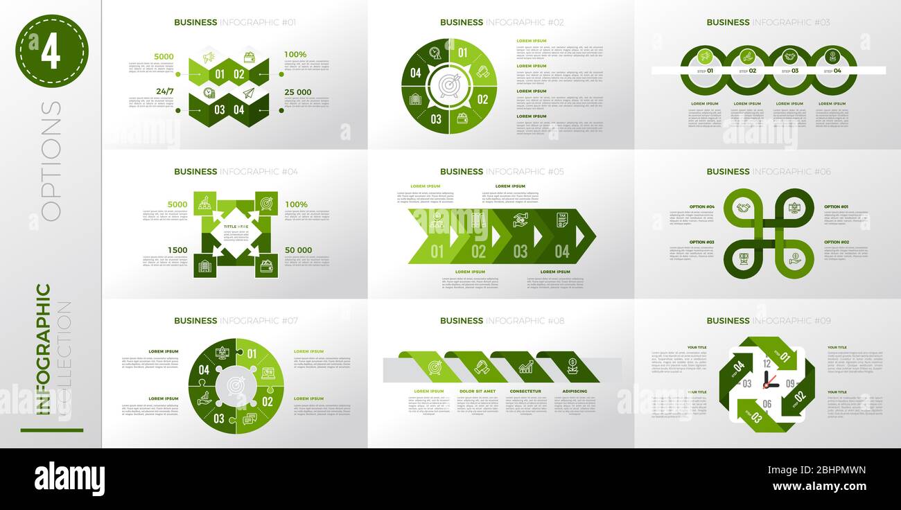 Infografik Business Template mit 4 Optionen. Version in grüner Farbe. Stock Vektor