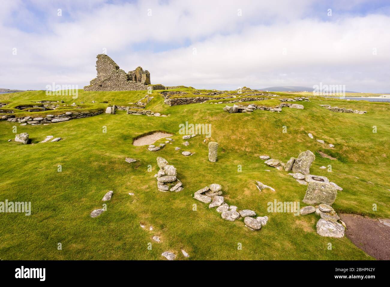 Ruinen von Jarlshof Prähistorische und nordische Siedlung in Sumburgh, Shetland Stockfoto