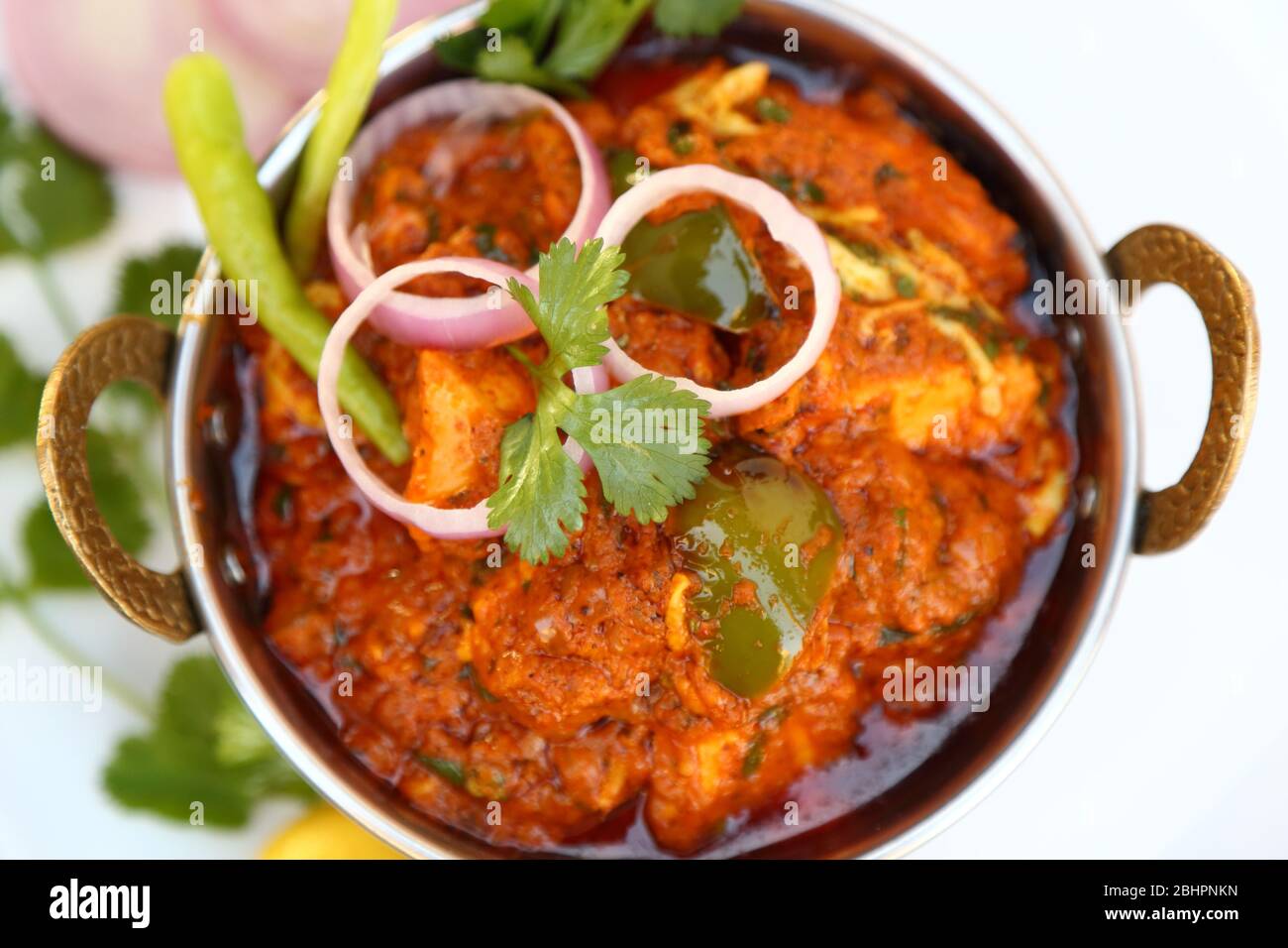 HÜTTENKÄSE IM INDISCHEN STIL VEGETARISCHES CURRY GERICHT. Kadai Paneer – traditionelle indische oder punjabi-Küche. Garniert mit Zwiebel- und Chilischeiben. Stockfoto
