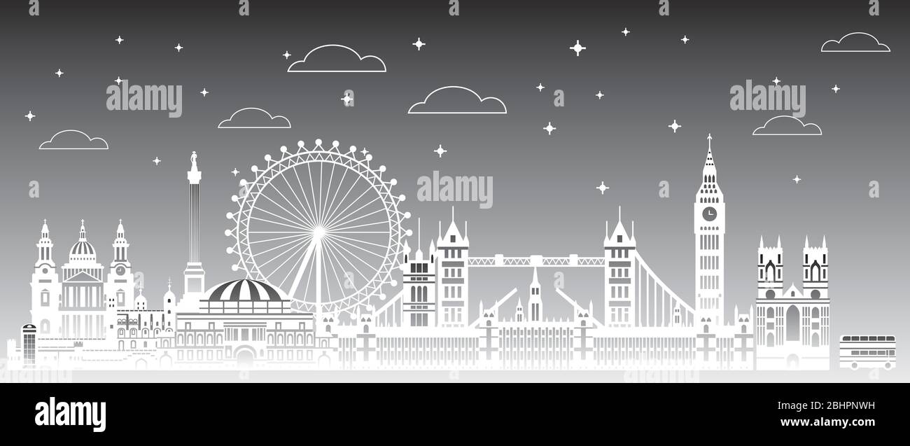 Panorama London Skyline Reise Illustration.London Stadt Wahrzeichen, monochrome Steigung englisch Tourismus und Reise Vektor Hintergrund. Weltweite Trave Stock Vektor