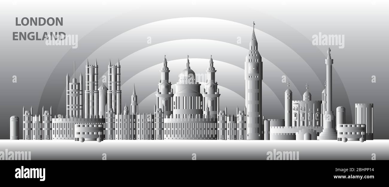 London Skyline Reise Illustration mit wichtigsten architektonischen Wahrzeichen. Weltweites Reisekonzept. Londoner Sehenswürdigkeiten, schwarz-weiß Farbverlauf tou Stock Vektor