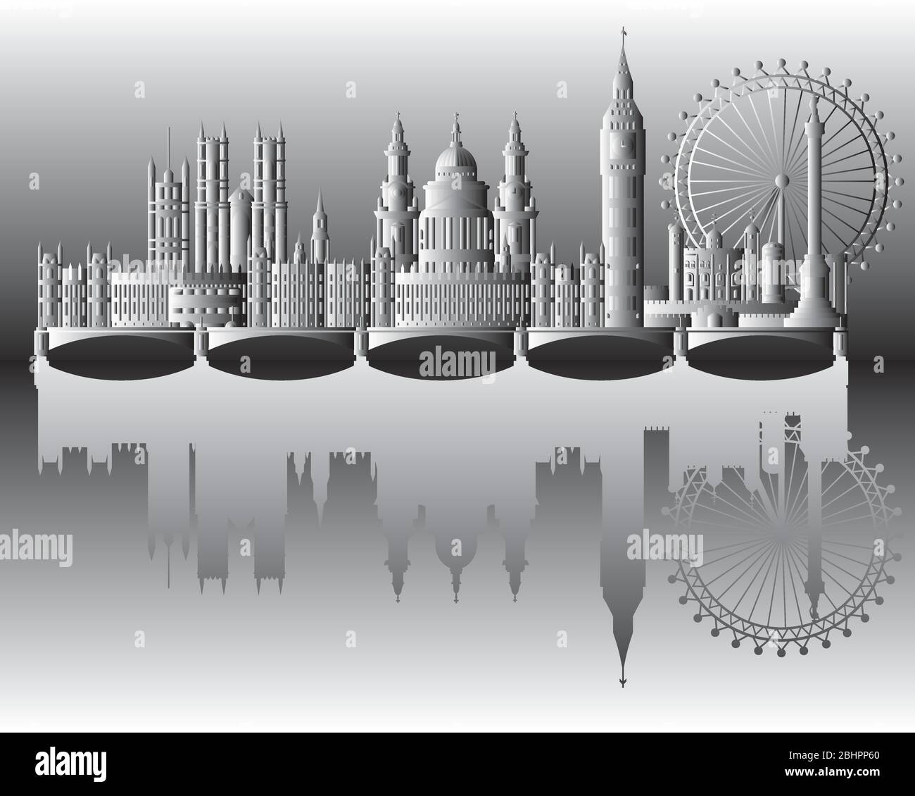 Panorama London Skyline Reise Illustration mit Reflexion. Weltweites Reisekonzept. Londoner Sehenswürdigkeiten, monochromer Gradient englischer Tourismus Stock Vektor