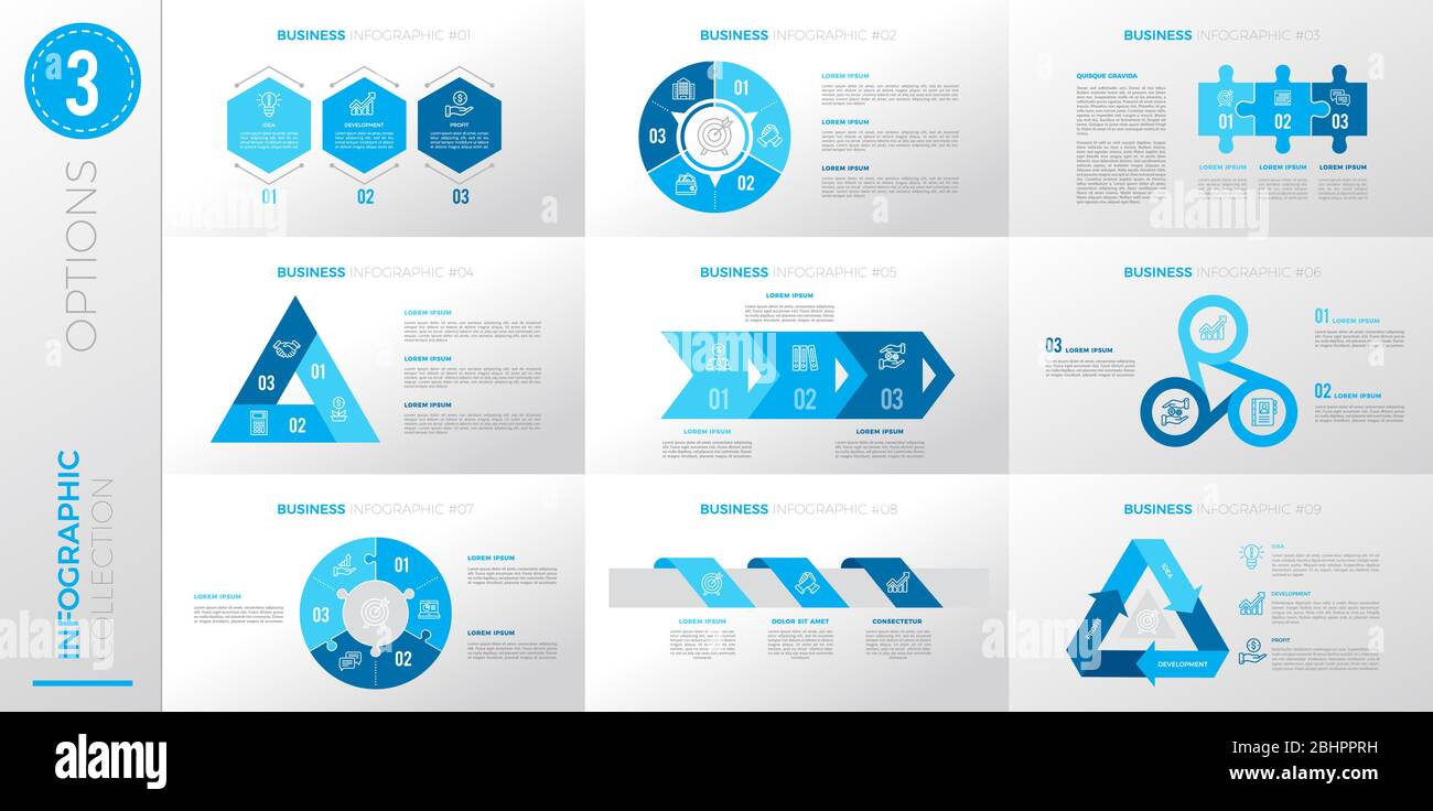 Infografik Business Template mit 3 Optionen. Blaue Version. Stock Vektor