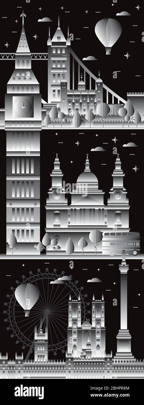 London Skyline Reise vertikale Illustration mit wichtigsten architektonischen Wahrzeichen. Londoner Sehenswürdigkeiten, schwarz-weiß Gradienten Tourismus und Reise vec Stock Vektor
