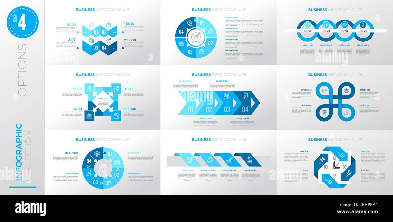 Infografik Business Template mit 4 Optionen. Blaue Version. Stock Vektor