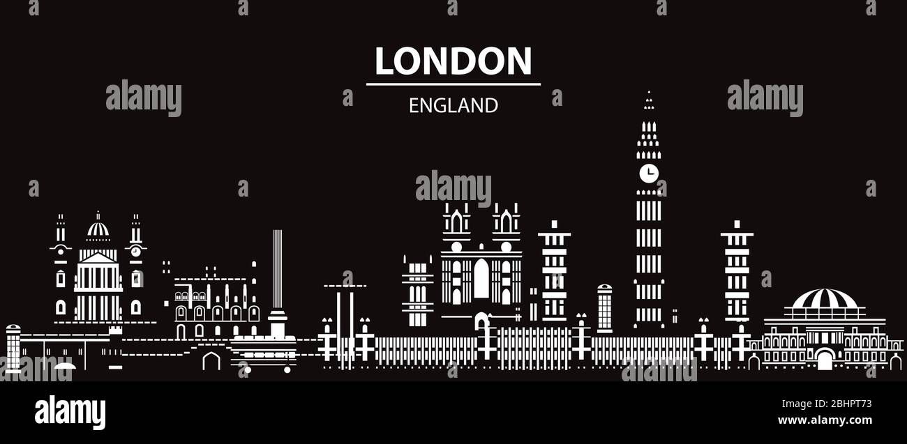 Vektor Panorama London Skyline Reise Illustration. Londoner Wahrzeichen in weißer Farbe auf schwarzem Hintergrund. Weltweiter Tourismus und Reisereisen Stock Vektor