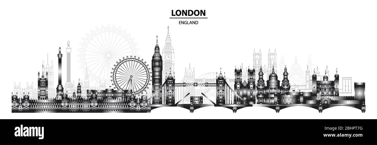 Horizontale Skyline von London. London Sehenswürdigkeiten Tourismus und Reise Reise Illustration. Hintergrund des Gradientenvektors. Reisen weltweit Stock Vektor