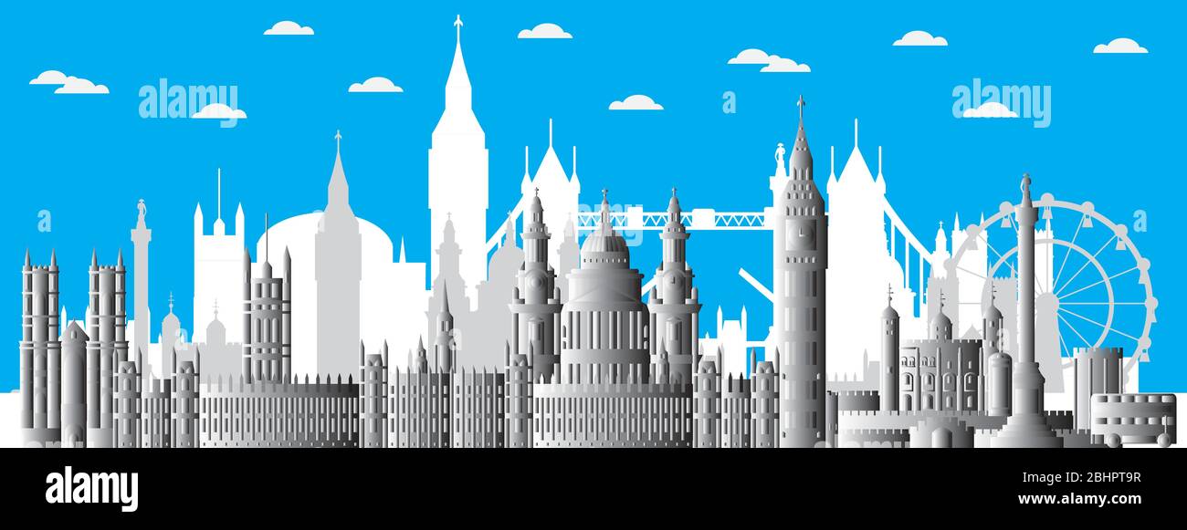 Poster zur Skyline von London. London Stadt Wahrzeichen, monochrome Steigung englisch Tourismus und Reise Reise Reise Illustration Vektor Hintergrund. Weltw Stock Vektor