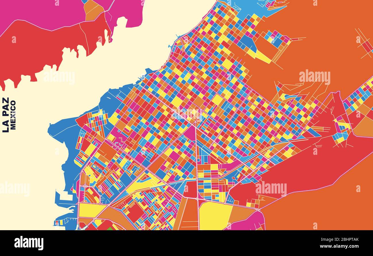 Bunte Vektorkarte von La Paz, Baja California Sur, Mexiko. Art Map Vorlage für selbstdruckende Wandkunst im Querformat. Stock Vektor