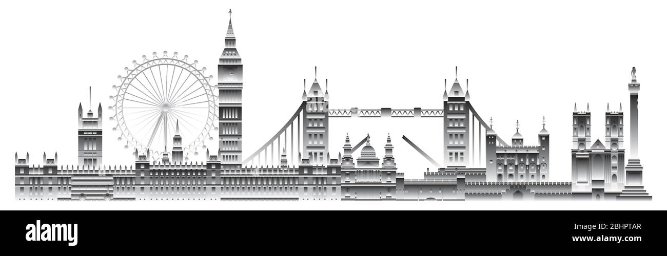 London Skyline Reise Illustration. London Sehenswürdigkeiten, monochrome Steigung englisch Tourismus und Reise Vektor Hintergrund. Panorama weltweit trav Stock Vektor