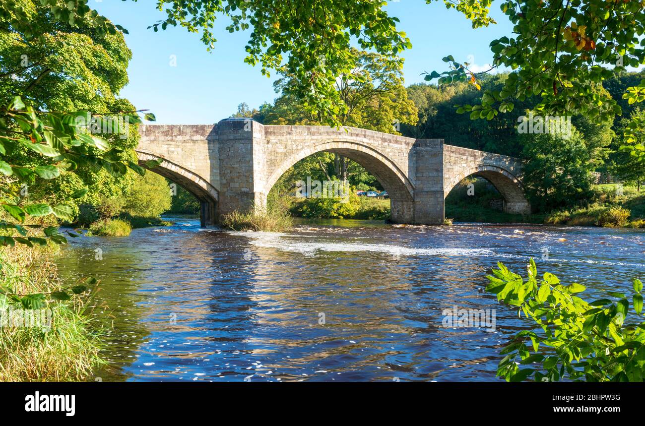 Blick auf den Fluss Wharfe und Barden Bridge in Wharfedale, Yorkshire Dales National Park Stockfoto