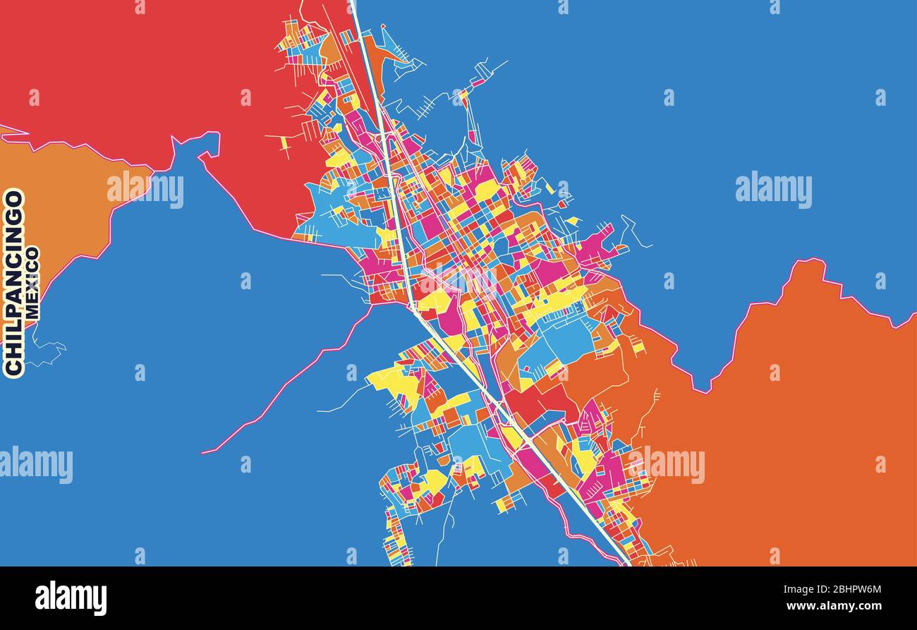 Bunte Vektorkarte von Chilpancingo, Guerrero, Mexiko. Art Map Vorlage für selbstdruckende Wandkunst im Querformat. Stock Vektor