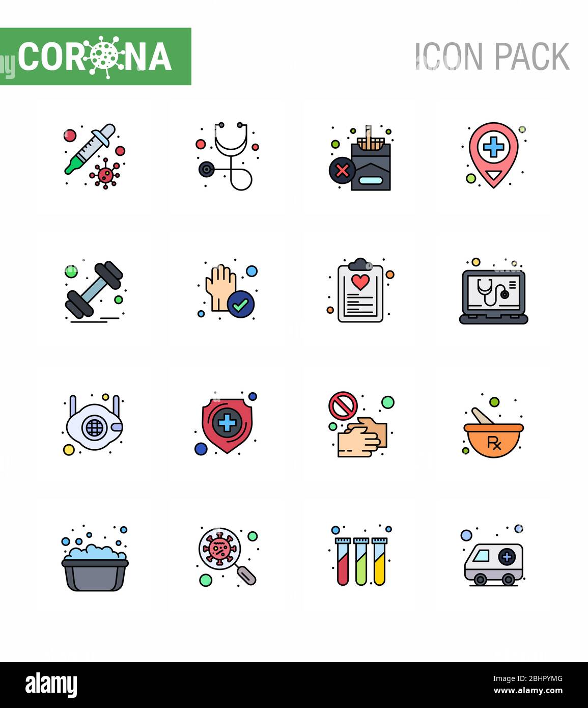 Coronavirus Vorsorge Tipps Symbol für Gesundheitsrichtlinien Präsentation 16 Flat Color Filled Line Icon Pack wie Sport, Fitness, No, Hantel, locatio Stock Vektor
