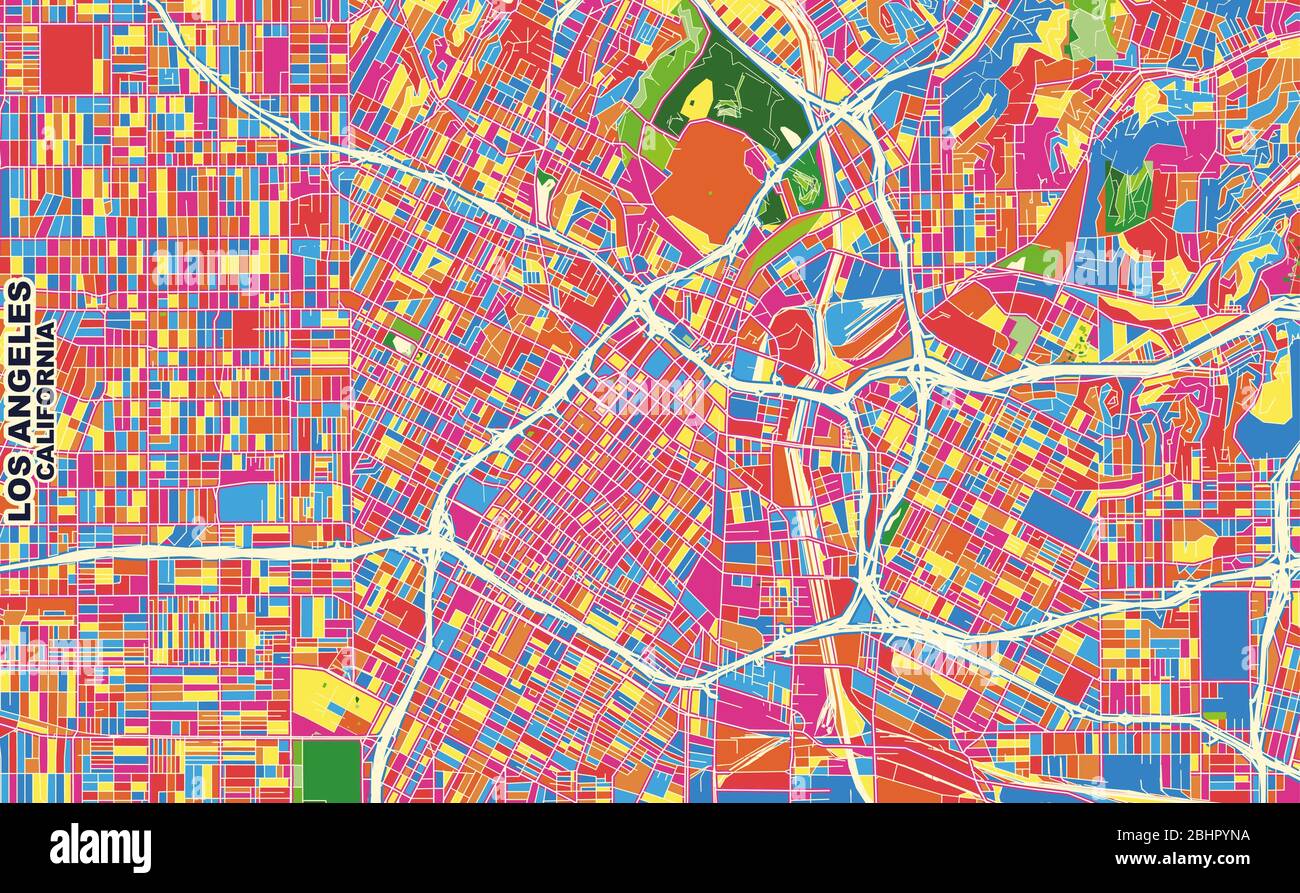 Bunte Vektorkarte von Los Angeles, Kalifornien, USA. Art Map Vorlage für selbstdruckende Wandkunst im Querformat. Stock Vektor