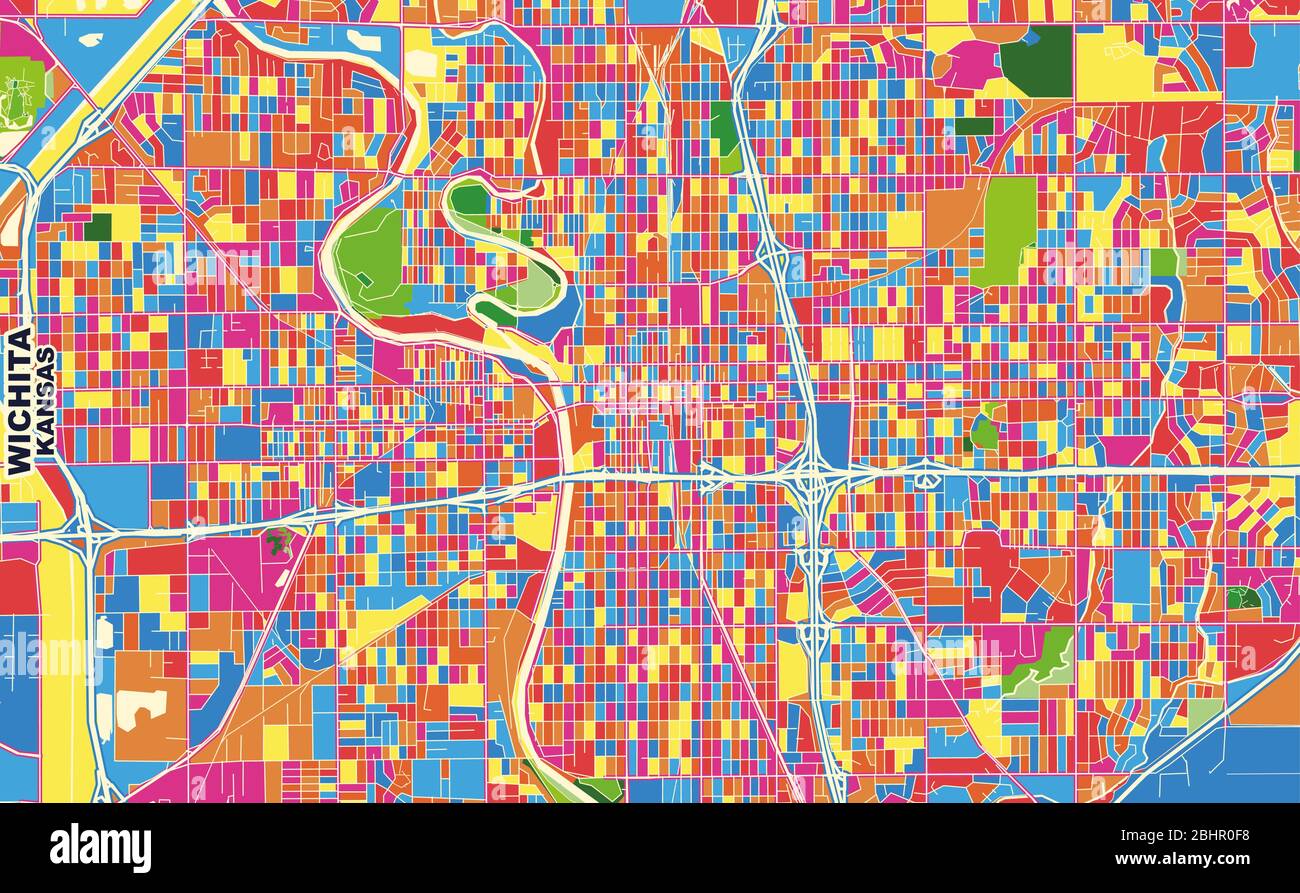 Bunte Vektorkarte von Wichita, Kansas, USA. Art Map Vorlage für selbstdruckende Wandkunst im Querformat. Stock Vektor