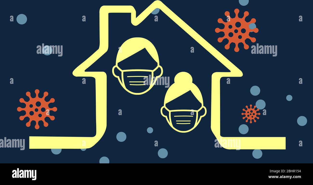 Digitale Illustration mit Piktogramm von Menschen tragen Coronavirus Maske zu Hause und orange Verbreitung Stockfoto