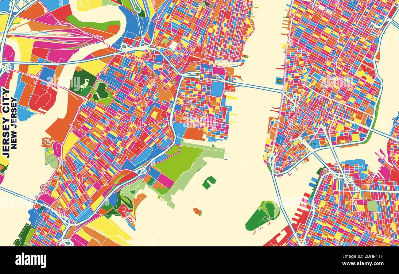 Bunte Vektorkarte von Jersey City, New Jersey, USA. Art Map Vorlage für selbstdruckende Wandkunst im Querformat. Stock Vektor