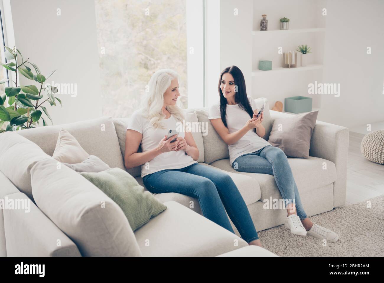Porträt von zwei schönen attraktiven schönen schönen fröhlichen fröhlichen Frauen sitzen auf Diwan mit digitalen Gerät Web-App verbringen Freizeit Tag Wochenende in weiß Stockfoto