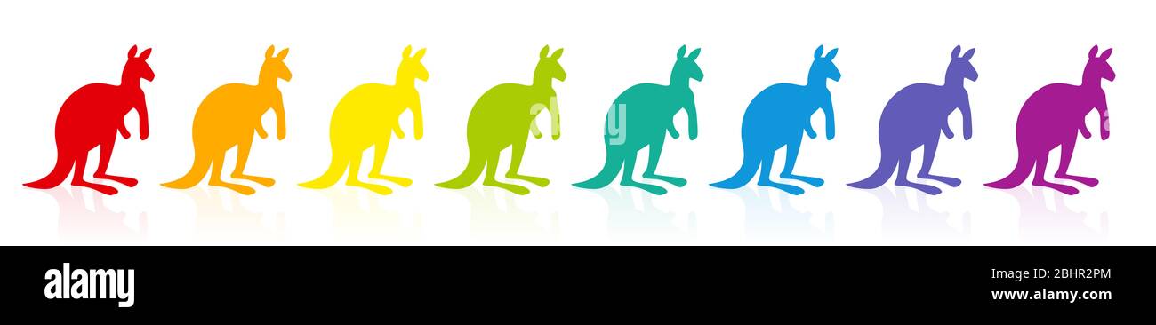 Regenbogen-farbige Kängurus, bunte Parade, Regenbogen-Spektrum. Lustige Comic-Illustration auf weißem Hintergrund. Stockfoto