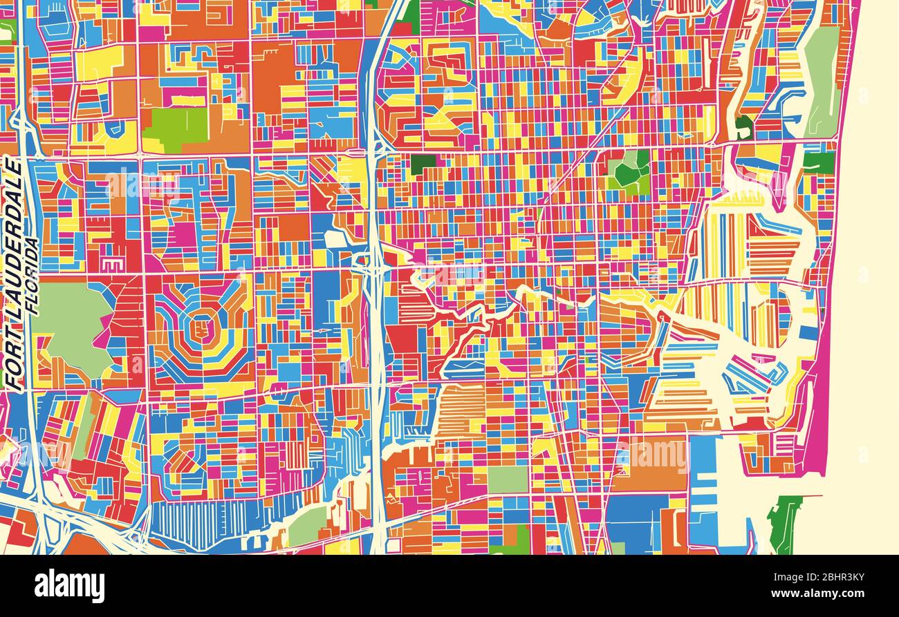 Bunte Vektorkarte von Fort Lauderdale, Florida, USA. Art Map Vorlage für selbstdruckende Wandkunst im Querformat. Stock Vektor