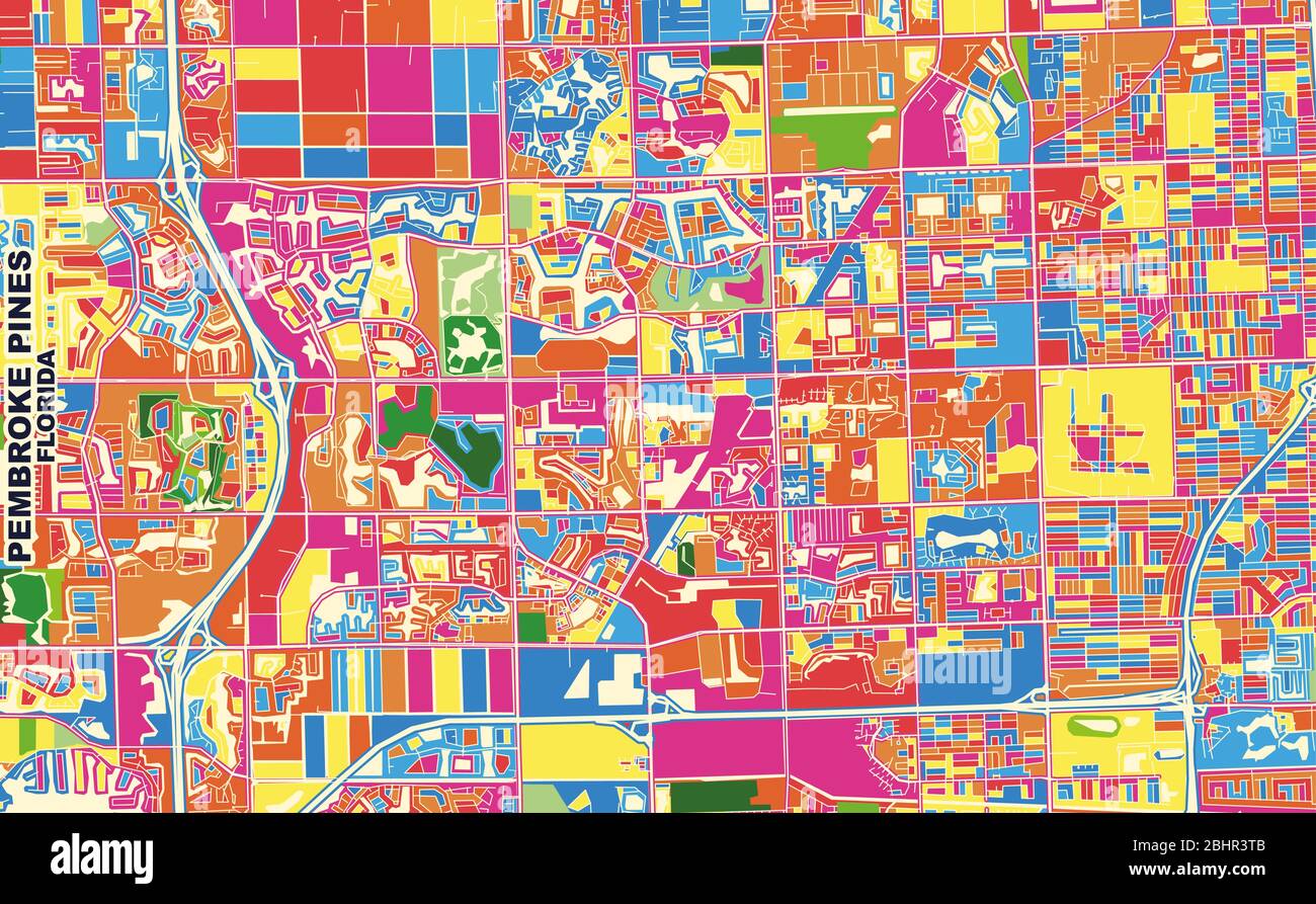 Bunte Vektorkarte von Pembroke Pines, Florida, USA. Art Map Vorlage für selbstdruckende Wandkunst im Querformat. Stock Vektor