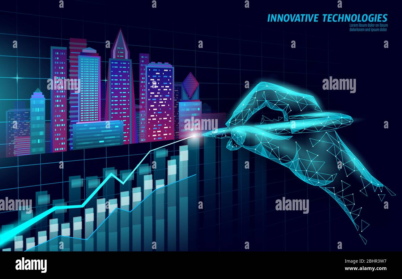 Low Poly Smart City 3D-Grafik für Wachstum. Intelligentes Gebäudeautomationssystem Geschäftskonzept. Hand mit Kugelschreiber. Architektur Stadtbild Stock Vektor