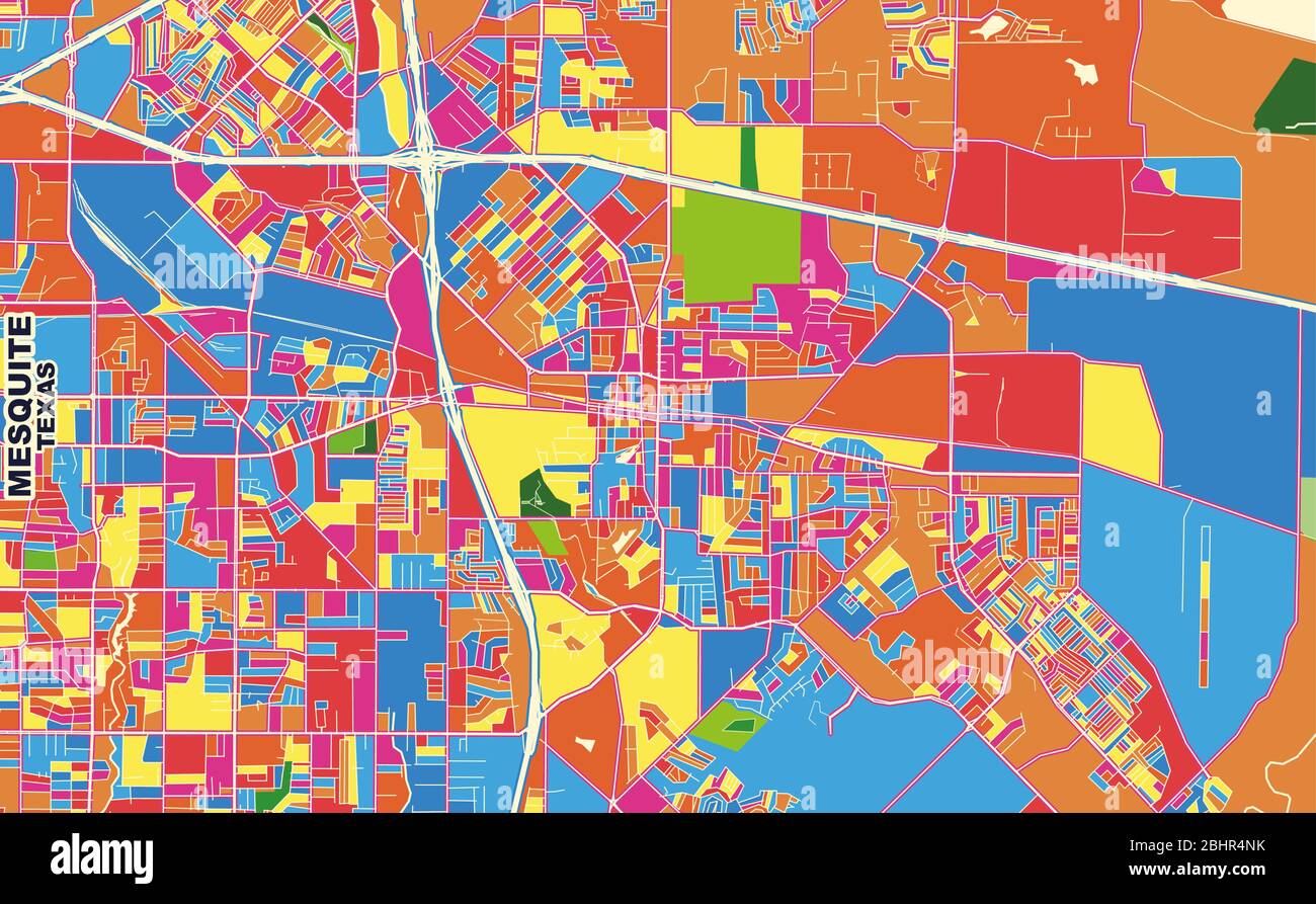 Bunte Vektorkarte von Mesquite, Texas, USA. Art Map Vorlage für selbstdruckende Wandkunst im Querformat. Stock Vektor