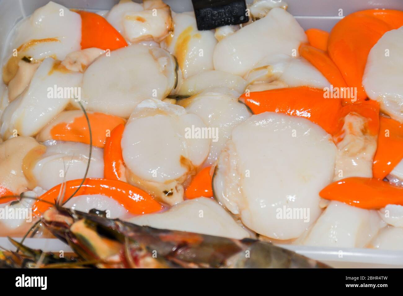 Seeigel, sind typischerweise stachelige, kugelförmige Tiere, Stachelhäuter in der Klasse Echinoidea. Meeresfrüchte auf Eis am Fischmarkt Stockfoto