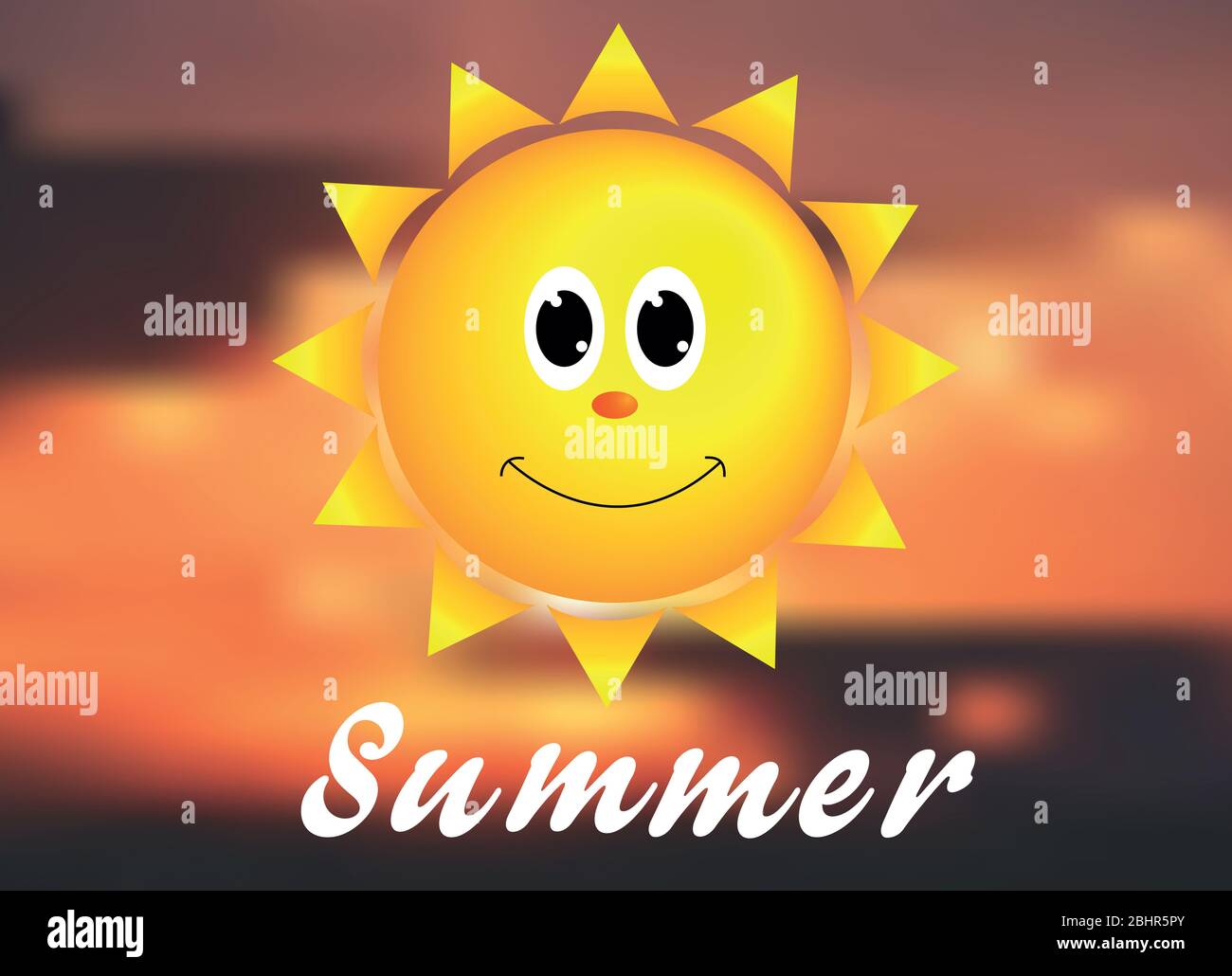 Sommer Hintergrund. Illustration einer Sonne mit einem Gesicht mit der Aufschrift: Sommer auf einem verschwommenen Hintergrund. Stockfoto