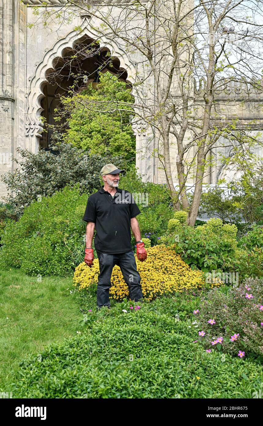 Brighton UK 27. April 2020 - Chefgärtner Robert Hill-Snook als die Unterhalt-Arbeit in Brighton's Royal Pavilion Gardens fortgesetzt wird, da die Lockdown-Beschränkungen während der Coronavirus COVID-19 Pandemie-Krise andauern. Quelle: Simon Dack / Alamy Live News Stockfoto